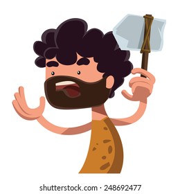 Stone age man holding ancient tool vector illustration cartoon character