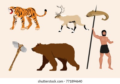 Stone Age Man And Ice Age Animals, Vector Set