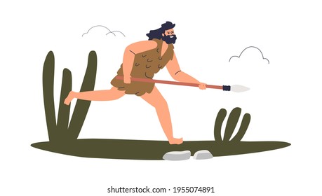 Hombre de la edad de piedra. Un tipo primitivo con lanzas cazando mamut. Cazador prehistórico corriendo, divertido personaje de caricatura. Ilustración vectorial plana