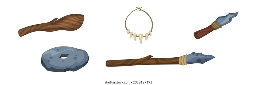 Stone Age Objects and Hunting Weapons with Stick and Spear Vector Set