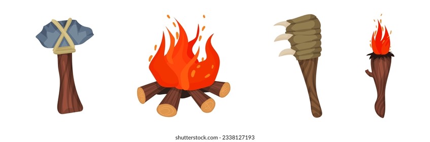 Stone Age Objects and Hunting Weapons with Burn Fire Vector Set