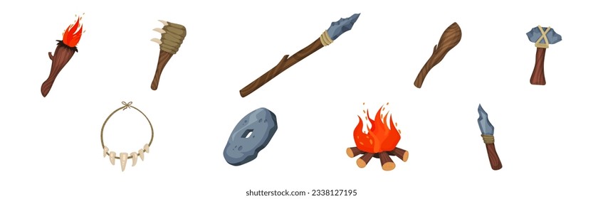 Objetos de la Edad de Piedra y Armas de Caza con Juego de Vectores de Palo y Altavoz