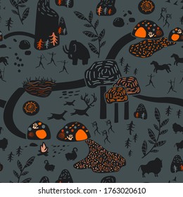 Stone age pattern seamless design. Decoration textile and paper series