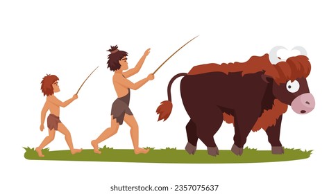 Stone age people cattle. Primitive lifestyle, prehistoric children cartoon vector illustration