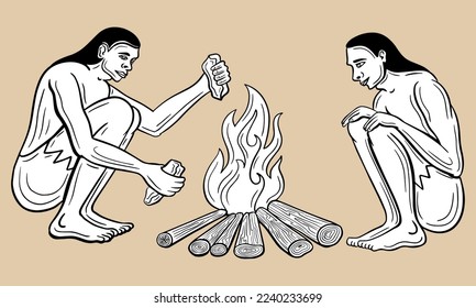 stone age people, caveman, primitive people around fire, ancient tribe  hand drawn vector