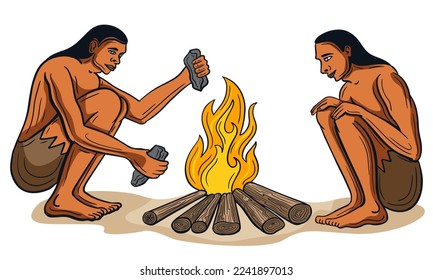 stone age people, caveman, primitive people around fire, ancient tribe  hand drawn vector