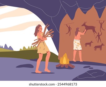 Stone Age People Engaged In Daily Life Activities With One Carrying Wood And Another Creating Cave Art Inside A Rock Shelter Captures Primitive Lifestyle Beautifully In Simplified Colors And Shapes