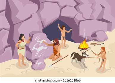 Stone age people isometric background with ancient people vector illustration