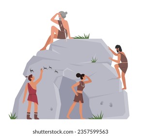Gente de la edad de piedra. Gente primitiva en la gran roca, antiguo ejemplo vectorial de estilo de vida