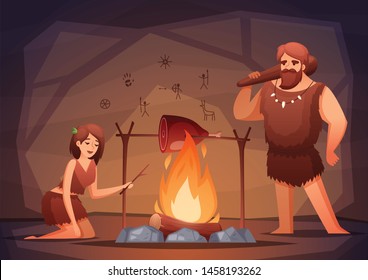Stone age prehistoric home interior flat composition and caveman family cooking meat over open fire vector illustration 