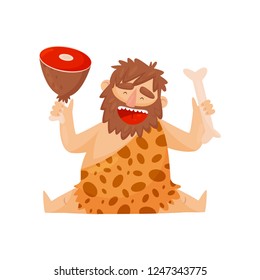 Stone age prehistoric man with meat bone, primitive cavemen cartoon character vector Illustration on a white background