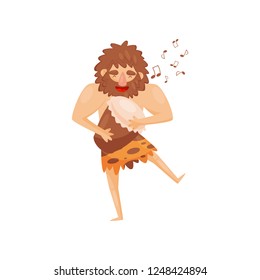 Stone age prehistoric man playing drum, primitive cavemen cartoon character vector Illustration on a white background