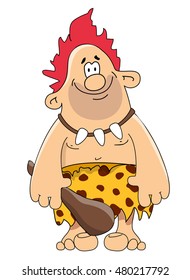 Stone age primitive man in animal hide pelt with big wooden club. Vector illustration isolated on white background.