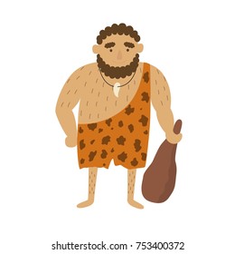 Stone age primitive man in animal hide pelt with big wooden club. Flat style vector illustration isolated on white background.