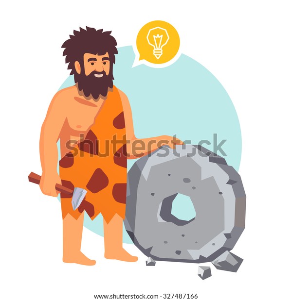 Stone\
age primitive man had an idea and invents a wheel. Flat style\
vector illustration isolated on white\
background.
