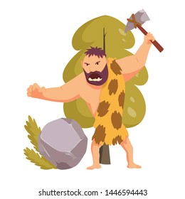 Stone age primitive man with stone hammer. Flat style vector illustration isolated on white background. Angry Caveman Cartoon Character.