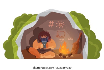 Stone age primitive man holding mobile phone modern technology vector illustration. Cartoon wild prehistoric caveman character sitting in cave with telephone, progress evolution isolated on white background.