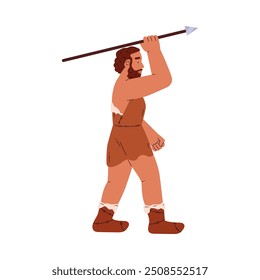 Hombre primitivo de la edad de piedra en ropa de cuero y zapatos con lanza. Caricatura de antiguo guerrero tribal o cazador. Ilustración plana de Vector aislada en blanco. Hombre de las cavernas del período prehistórico con el arma
