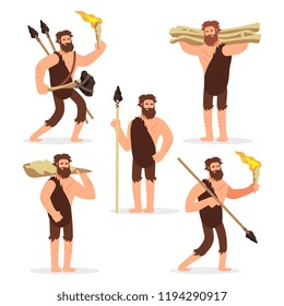 Stone age primitive men cartoon character of set. Vector illustration