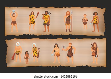 Stone age primitive people tribes in stone caves near fire place. Barbarian Caveman ancient women in fur wears with baby, tools and weapons. Vector illustration.