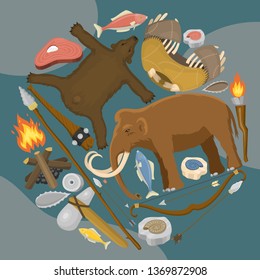 Stone age primitive prehistoric life round pattern vector illustration. Ancient tools and animals. Hunting weapons and household equipment. Neanderthals or homo sapiens. Extinct species. Evolution