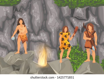 Stone age primitive tribes in stone caves near fire place. Barbarian Caveman ancient women in fur wears with baby, tools and weapons. Vector illustration.