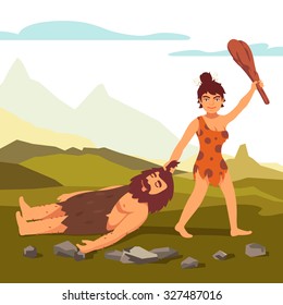 Stone Age Primitive Woman Drawing Bearded Man And Saluting With Wooden Club. Woman Power! Flat Style Vector Illustration Isolated On White Background.