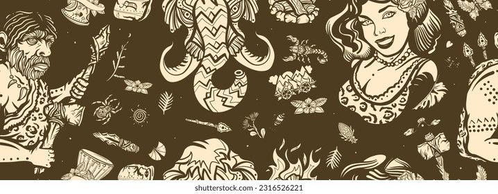Stone age seamless pattern. Neolithic and paleolithic people background. Evolution art. Old school tattoo vector style. Cave man neanderthal, hunting mammoth, prehistoric woman