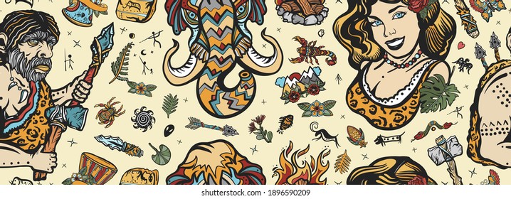 Stone age seamless pattern. Old school tattoo vector style. Cave man neanderthal, hunting mammoth, prehistoric woman. Neolithic and paleolithic people background. Homosapiens evolution art 
