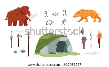 Stone age set of isolated icons. Primitive tools and prehistoric weapons, rock paintings and a cave, a mammoth, a saber-toothed tiger and fire. Flat cartoon vector illustrations.