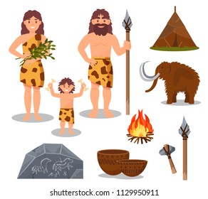 Stone Age Symbols Set, Primitive People, Mammoth, Weapon, Prehistoric House Vector Illustrations On A White Background