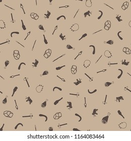 Stone Age Themed Freehand Drawings Seamless Pattern. Hand Drawn Stone Age Elements Background. Stone, Meat, Spear, Cudgel, Torch, Axe, Mammoth, Tusk Necklace