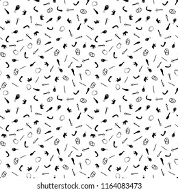 Stone Age Themed Freehand Drawings Seamless Pattern. Hand Drawn Stone Age Elements Background. Stone, Meat, Spear, Cudgel, Torch, Axe, Mammoth, Tusk Necklace