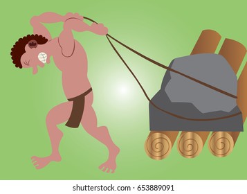 Stone Age tools 1
A stone age man pulling  a stone on a roller