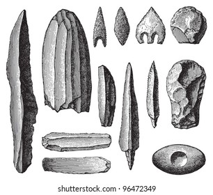 Stone age tools collection / vintage illustration from Meyers Konversations-Lexikon 1897
