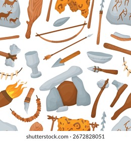 Steinzeitwerkzeuge nahtlose Muster. Steinschalen und Tasse, Fackel Axt Holzklub, Pfeile. Dekorative Cartoon primitive Elemente, neoterischer Vektordruck