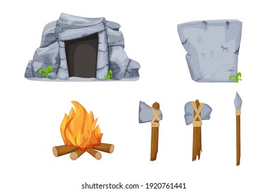 Steinzeitwerkzeuge mit Höhle, Kamin, Stein mit Zeichnungen, Axt, Hammer und scharfem Stick einzeln auf weißem Hintergrund im Cartoon-Stil. Ursprüngliche Objekte.