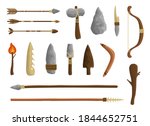Stone age tools set, caveman civilization culture. Prehistoric ancestors primitive tools to work and hunt. Vector flat style cartoon illustration isolated on white background