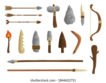Stone age tools set, caveman civilization culture. Prehistoric ancestors primitive tools to work and hunt. Vector flat style cartoon illustration isolated on white background