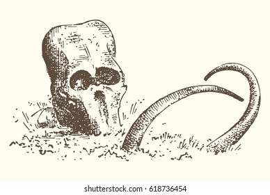 Stone age vector Caveman or troglodyte illustration, mammoth skeleton and skull. prehistoric aged hand drawn or engraved illustration, ancient period concept