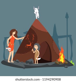 Stone age vector illustration. Cartoon neolithic woman and girl drawing on the wool
