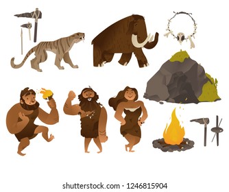 Stone age vector illustration set with various ancient people and tools and weapons, animals, cave and bonfire in flat cartoon gradient style isolated on white background - elements of caveman life.