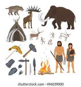 Stone age vector isolated on white background. Caveman or troglodyte, mammoth and bonfire, prehistoric aged primitive tools