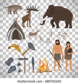 Stone Age Vector Isolated On Transparent Background. Caveman Or Troglodyte, Mammoth And Bonfire, Prehistoric Aged Primitive Tools