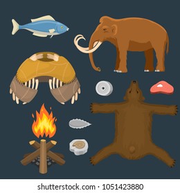 Stone age vector primeval historic hunting primitive people weapon and house life symbols illustration.