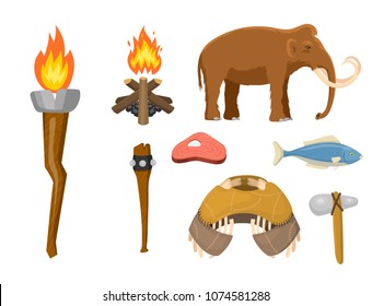 Vector de la edad de piedra primeval caza histórica armas primitivas y símbolo de la vida en casa.