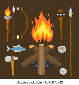 Vector de la edad de piedra primeval caza histórica armas primitivas y símbolo de la vida en casa.