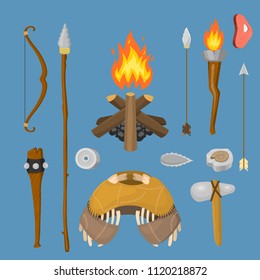 Vector de la edad de piedra primeval caza histórica armas primitivas y símbolo de la vida en casa.