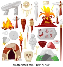 Stone age vector primeval neanderthal stoned weapon axe and prehistoric primitive spear of ancient caveman illustration of cave paintings and volcano or bonfire set isolated on white background