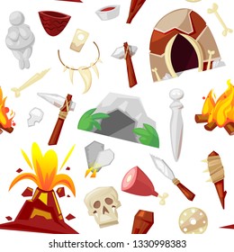 Stone age vector primeval neanderthal stoned weapon axe and prehistoric primitive spear of ancient caveman illustration of cave paintings and volcano or bonfire set isolated on background